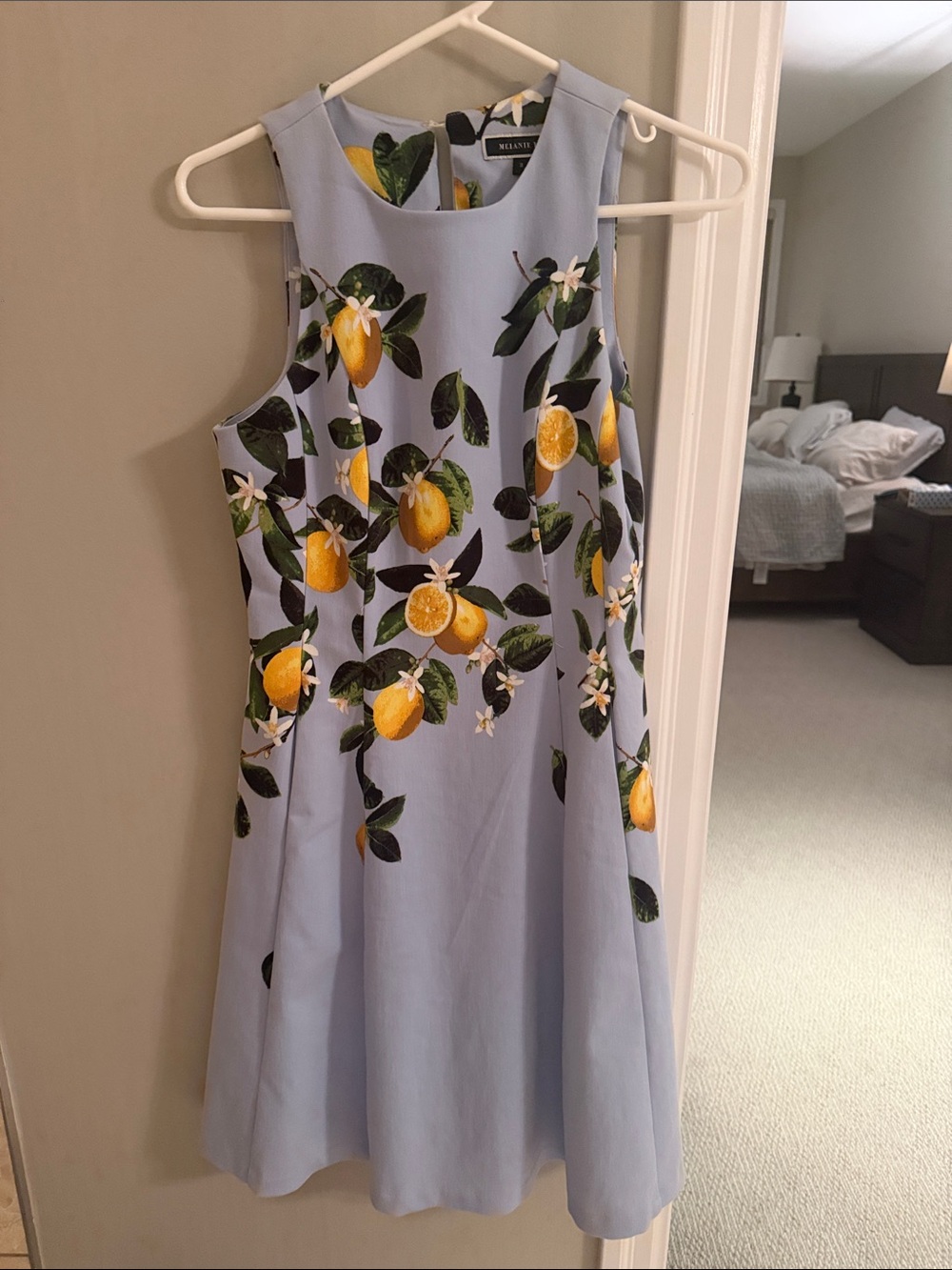 Sleeveless Lemon-Print Midi Dress in Pale Blue - Melanie Lyne